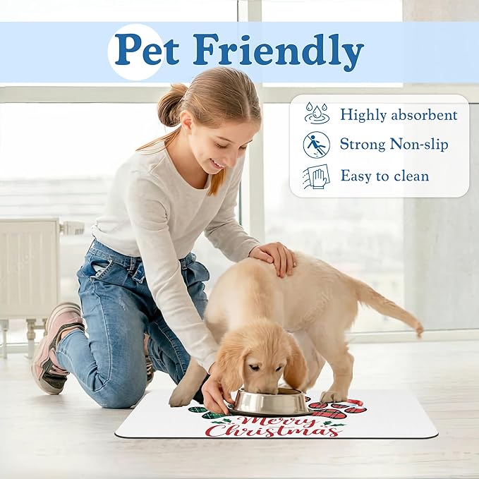 Dog Christmas Dog Food Mat–Christmas Stocking Absorbent Quick Dry Feeding Placemat for Food and Water Bowls, Non Slip Rubber Backing, Waterproof Pet Supplies for Mess-Free Eating 12"x20"