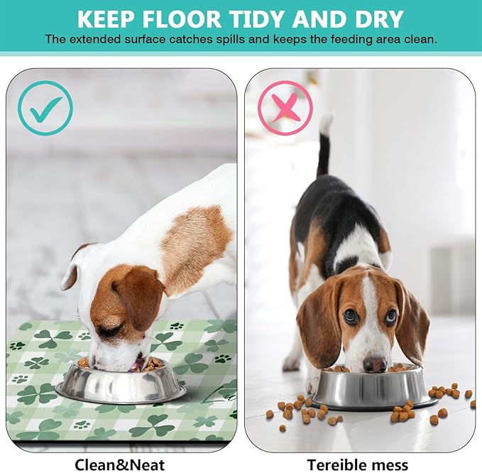 St Patricks Day Dog Food & Water Mat, Green Shamrocks Paw Prints Clover Pet Feeding Mat for Floor Non-Slip Waterproof, Super Absorbent Cat Bowl Mat, Easy to Clean Pet Placemat,12" × 20"
