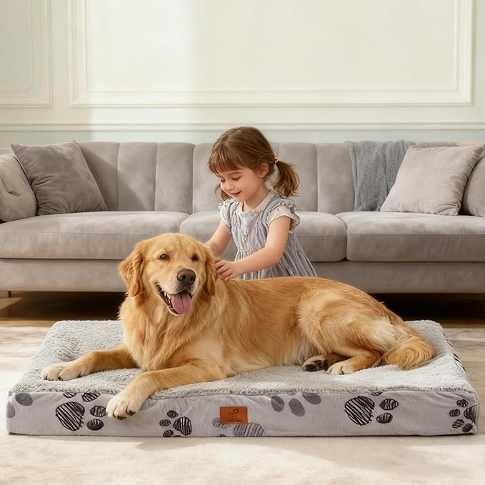 Waterproof Orthopedic Dog Bed for Large Medium Sized Dogs 35x22 Inch - Egg Crate Foam Pet Crate Bed with Removable Washable Cover, Plush Top Anti-Slip Bed Mat, Light Grey