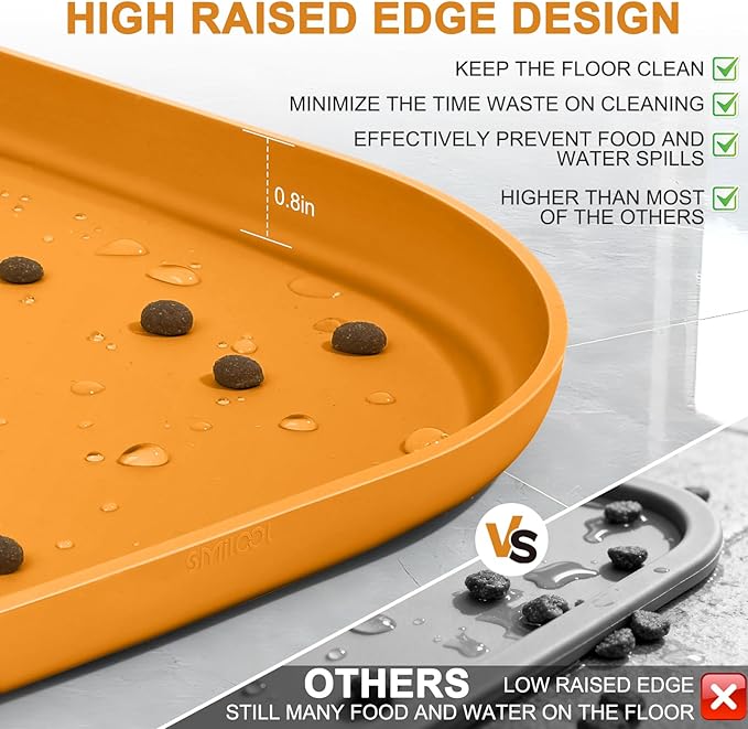 Silicone Pet Food Mat with Raised Edge for Food and Water Bowl, Dog Feeding Mats, Cat Food Trays for Floor Waterproof, Rubber Tray for Dogs and Cats, 22 x 14 x 0.8 Orange
