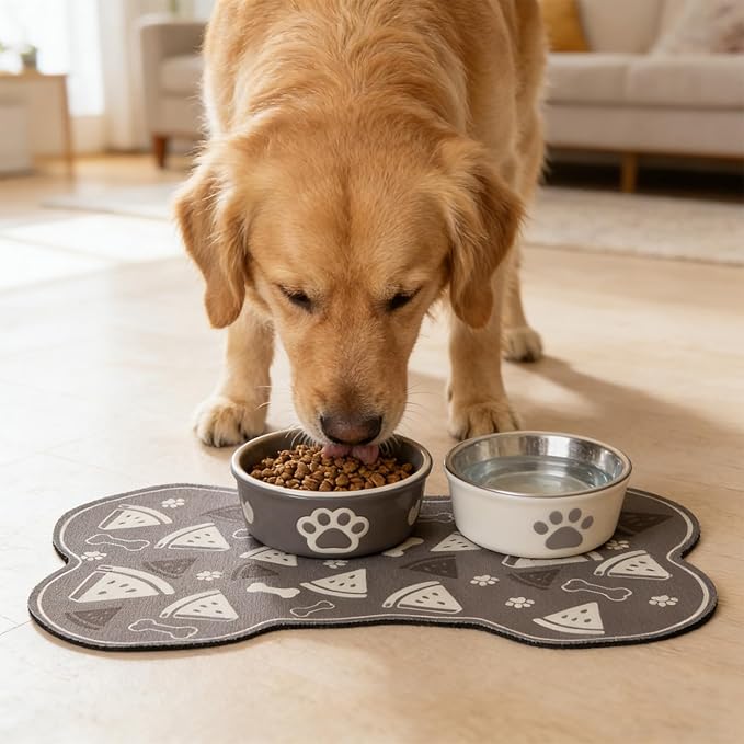 Dog Food Mat, 0.15” Thickened Super Absorbent Pet Feeding Mat for Food and Water, Fruit Donut Pattern Cat Placemat, Quick Dry Non-Slip Dog Bowl Mat, Water Splash Proof（Medium Donut Blue）