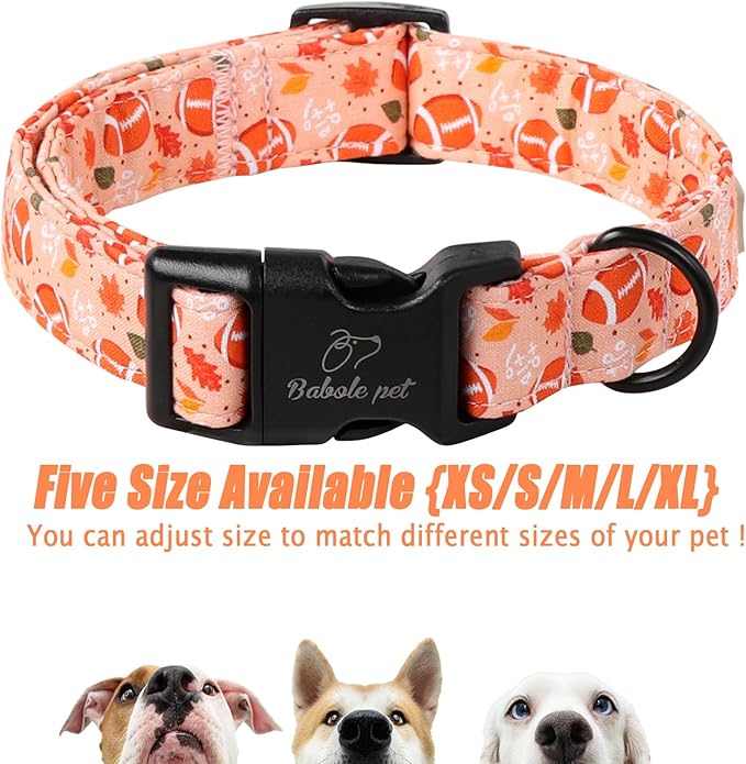 Fall Dog Collar, Cute Football Pattern Puppy Collar, Orange Adjustable Cotton Holiday Tanksgiving Dog Collars for Small Medium Large Boy&Girl Dogs XS