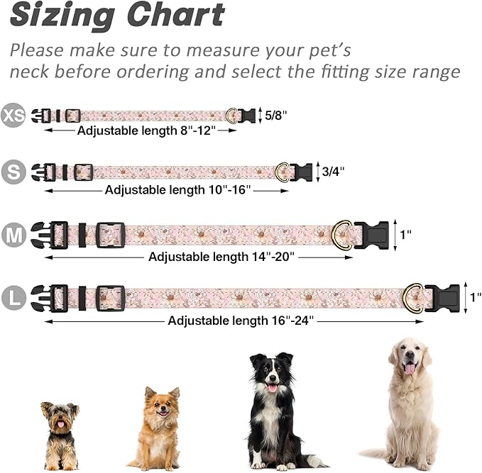 Reflective Dog Collar for Small Dogs, Cute Flower Theme Adjustable Heavy-Duty Nylon Puppy Collar for Boy and Girl Female, Soft Pet Accessories with Quick Release Buckle, Neck 10-16", Pink