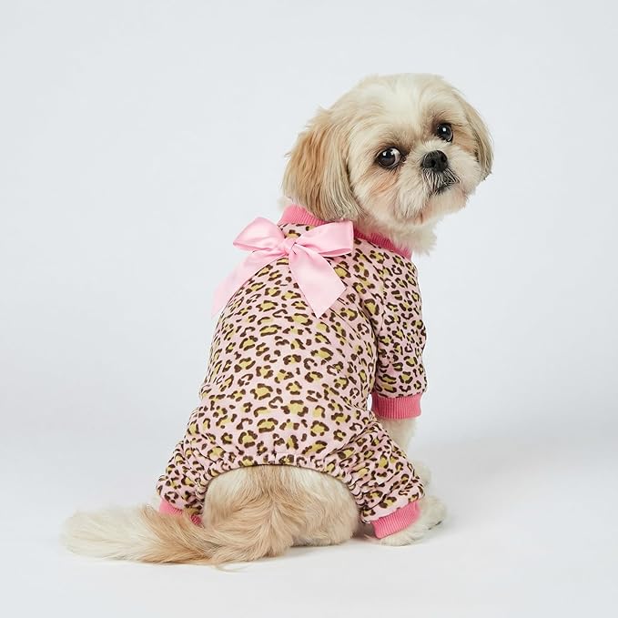 Fitwarm Leopard Dog Pajamas, Fleece Dog Clothes for Small Dogs Girl with Legs, Pet Onesie, Cat Outfit, Pink, XL