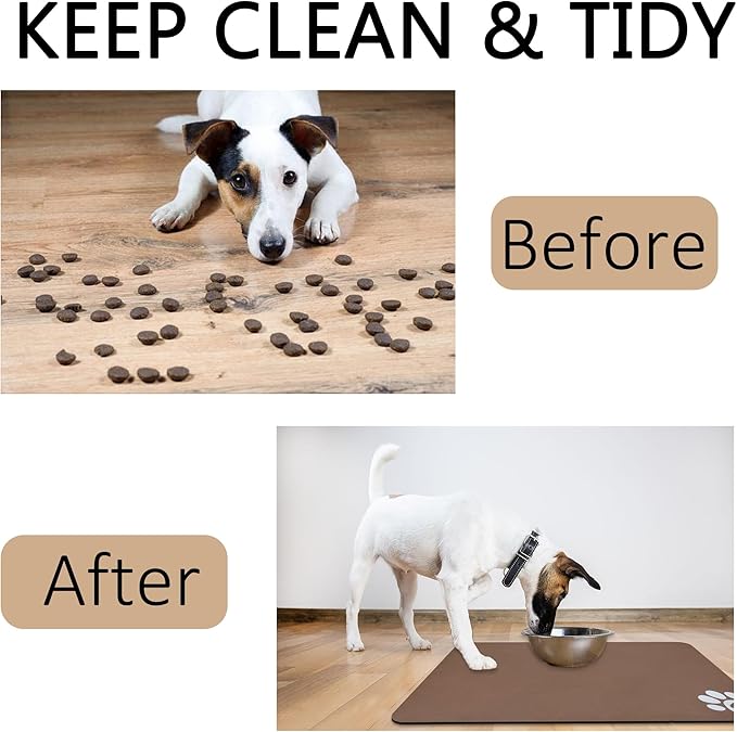 YCT Pet Dog Cat Feeding Mats - Non-Slip, Super Absorbent, Eating Mat with Footprints, 24 x 16.9 inches, Dark Grey