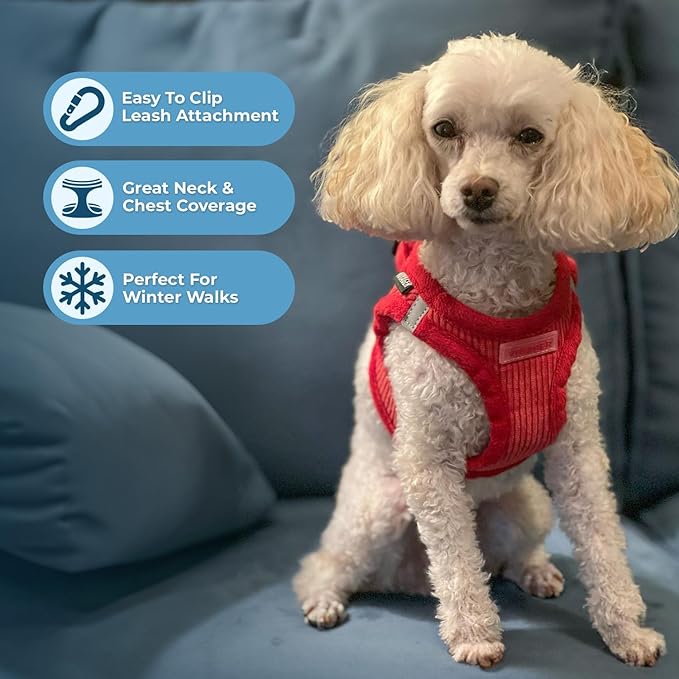 Best Pet Supplies - All Weather Plush, Reflective, No Pull Harness for Small, Medium Dogs, Cats - Secure with Hook & Loop Fastener, Buckle, Double D-Rings - Red Corduroy, L