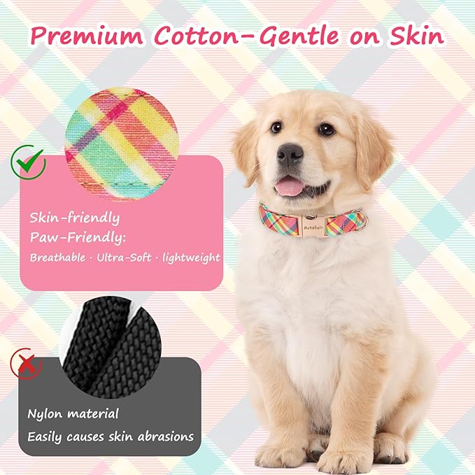 Cotton Dog Collar, Soft Adjustable Dog Collars for Small Dogs, Multi-Color Plaid Dog Collar for Small Medium Large Dogs, Cute Dog Collars Perfect for Girl or Boy Dog Collars-S