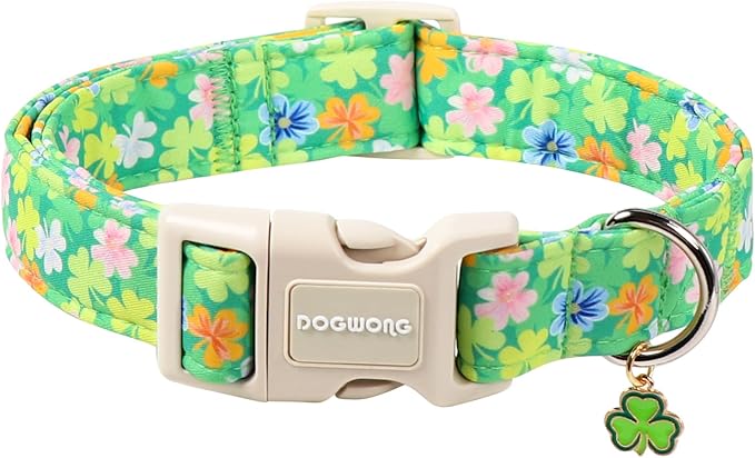 DOGWONG St. Patrick Dog Collar, Comfortable Adjustable Green Clover Pattern Dog Collar for Large Male Female Dogs,L