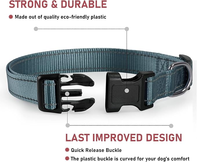 Reflective Dog Collar with Buckle Adjustable Safety Nylon Collars for Small Medium Large Dogs, Grey L