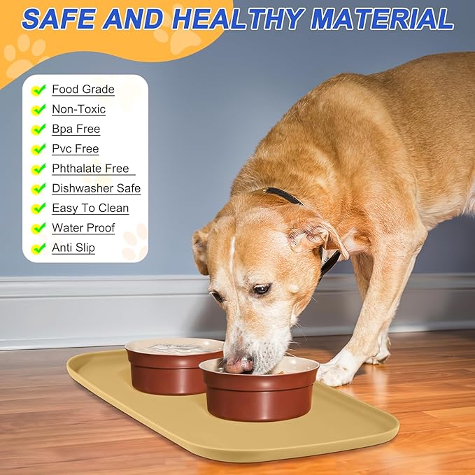 Silicone Pet Feeding Mat with Raised Edge for Food and Water, Dog Bowl Mats, Cat Bowls Placemat with High Lip for Floor Waterproof, Rubber Tray for Cats and Dogs 19 x 12 x0.7 Dark Beige