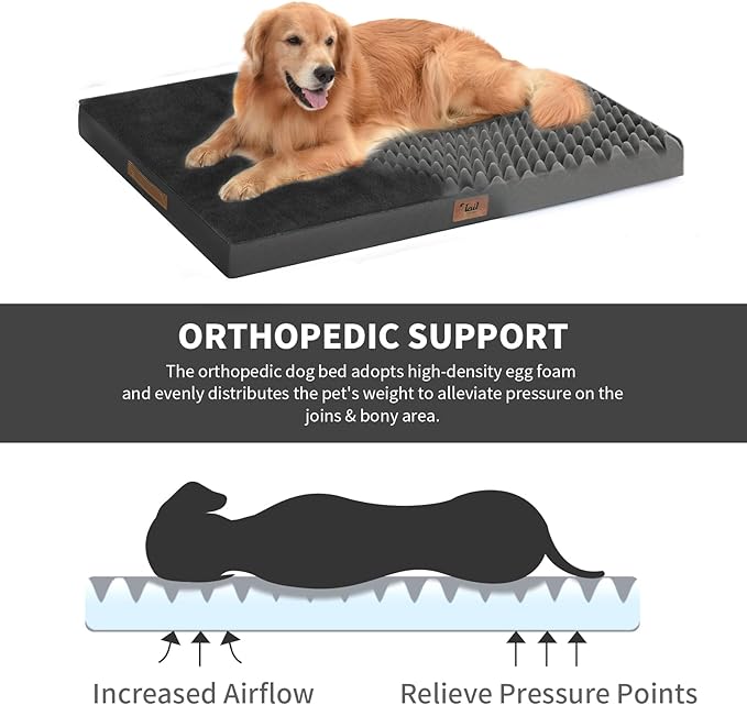 Plush Dog Bed for Medium Dogs, Waterproof Dog Crate Mat Orthopedic Egg Crate Foam Pet Bed with Washable Removable Oxford Cover, Black