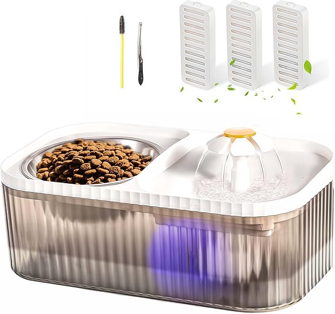 Marchul Cat Water Fountain and Stainless Steel Food Bowl, 100oz/3L Super Quiet Automatic Pet Water Dispenser with Smart Pump and 3 Replacement Filters for Cats and Small Dogs, White