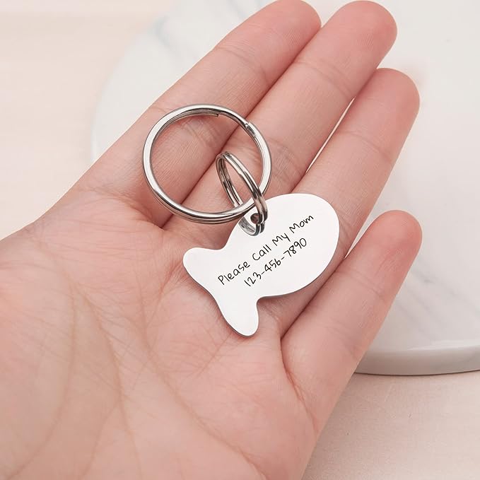 Anavia Small Size Dog Cat ID Tags, Small/XS Personalized Color Plated Stainless Steel Puppy Kitten Name Tags, Customized Engraved Nameplate Pet Collar Tag (Silver, Fish)