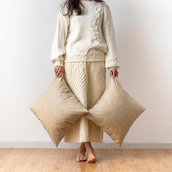 Pack of 2 Oversized Leather Pillow Cover Neutral Decorative, Beige Modern Boho Abrasion Floor Cushion Covers, for Home Decor Outdoor Waterproof Pet Hair Resistant Throw Pillow Covers 28x28 inch