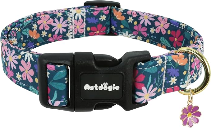 Dog Collar for Large Dogs, Spring Dark Green Dog Collars with Flowers Pattern, Adjustable Cotton Dog Collars, Cute Girl or Boy Dog Collar Ideal for Gifts,Pet Accessory