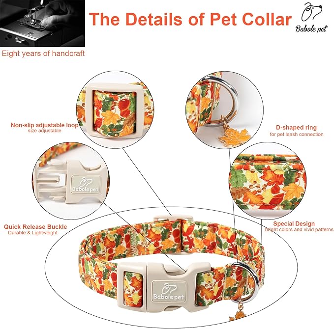 Fall Dog Collar Cute Autumn Leaves Puppy Collar - Light Comfortable Adjustable Pet Collars for Small Medium Large Girl Boy Dogs S