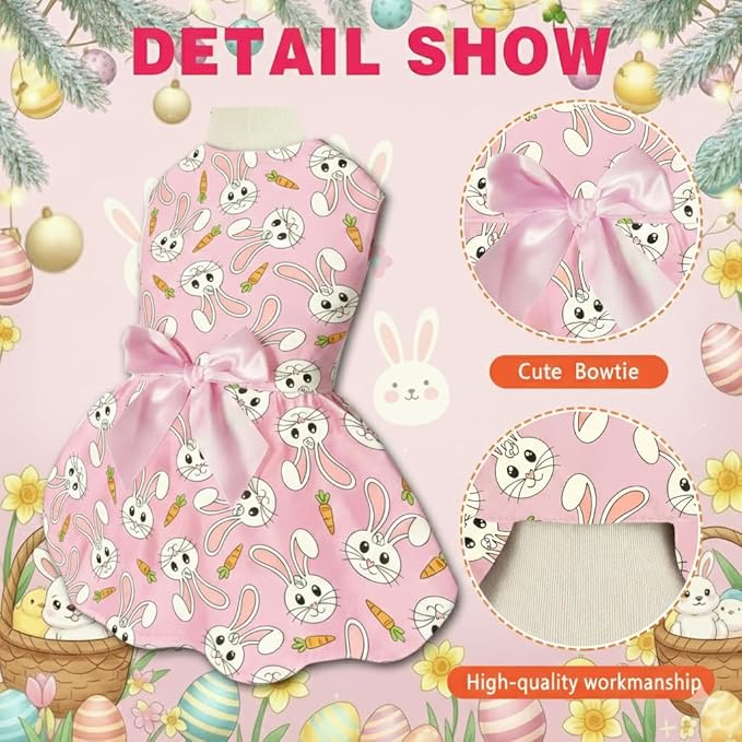 Easter Dog Dress with Bunny & Carrot Print, Festive Holiday Pink Spring Pet Outfit with Satin Bow for Small Medium Dogs