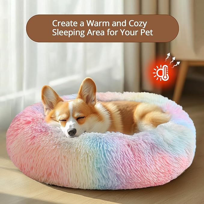 JOLLYVOGUE Calming Dog Bed Large Size Dog, Anti-Anxiety Donut Large Pet Bed, 36 inches Fluffy Faux Fur Round Cat Bed, Fits up to 75 lbs Pets (Rainbow)