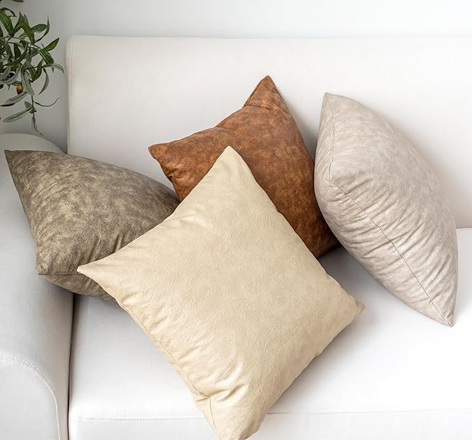 Pack of 4 Neutral Decorative Faux Leather Throw Pillow Covers 18x18 inch, Soft Modern Boho Luxury Waterproof Floor Cushion Cases, for Outdoor Lounge Sofa Couch Bed Home Decor