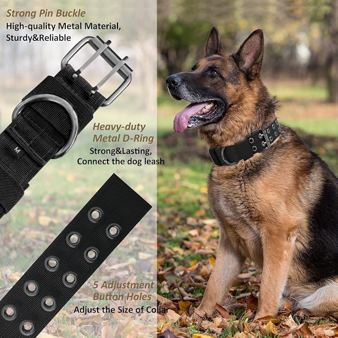 Tactical Dog Collar Military Adjustable Dog Collars Soft Nylon Training Collar with Patch Heavy Duty Metal Buckle Collars for Medium Large Dogs (Black-1, M)