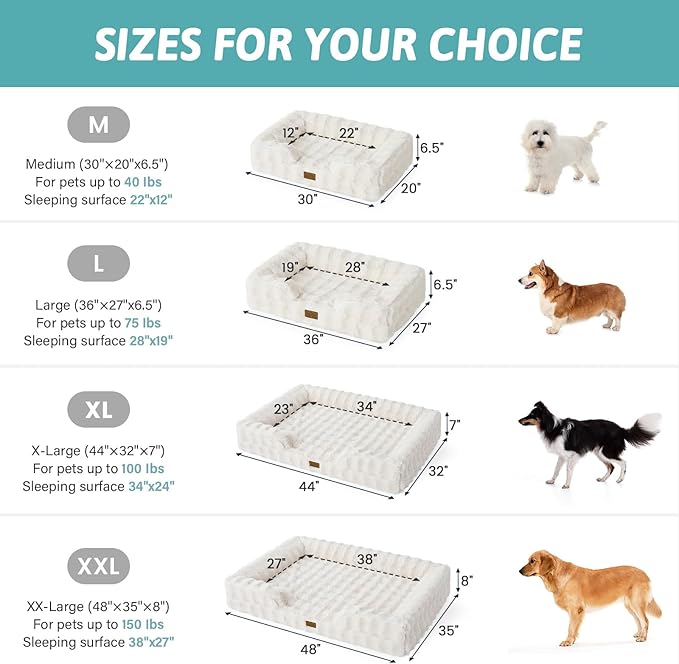 Orthopedic Dog Bed for Large Medium Size Dog, Soft and Warm Faux Fur Sofa for Pet Up to 75 lbs, Foam Bolster Anti-Slip Couch with Washable Removable Cover, L 36x27x6.5 inch, Beige
