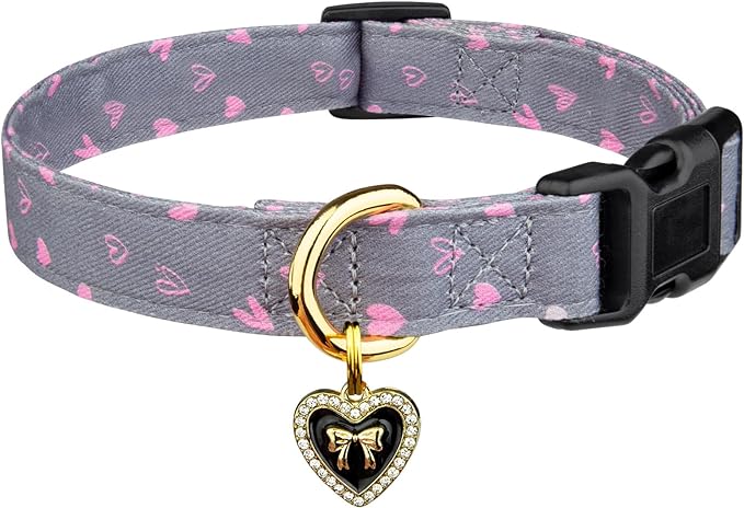 Cotton Handmade Dog Collar Cute and Distinctive Patterns Grey Heart with Pendant for Girl Boy Dogs Collars M