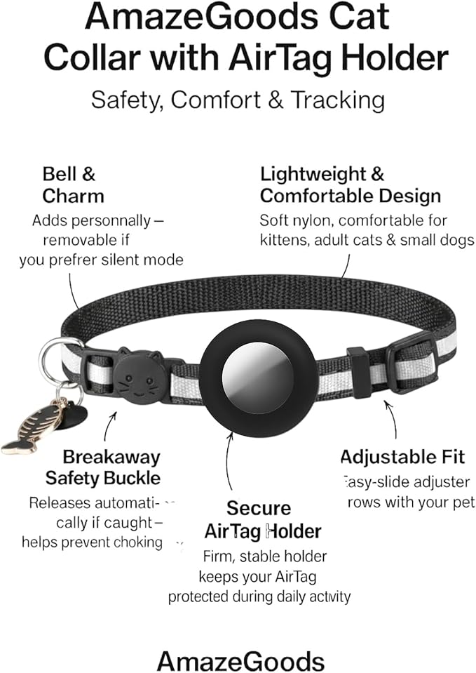 AirTag Cat Collar Breakaway – Reflective Kitten Collar with Holder for Apple AirTag, Bell, Adjustable Lightweight Nylon for Boy & Girl Cats (Fits 8.66–13.78 in)