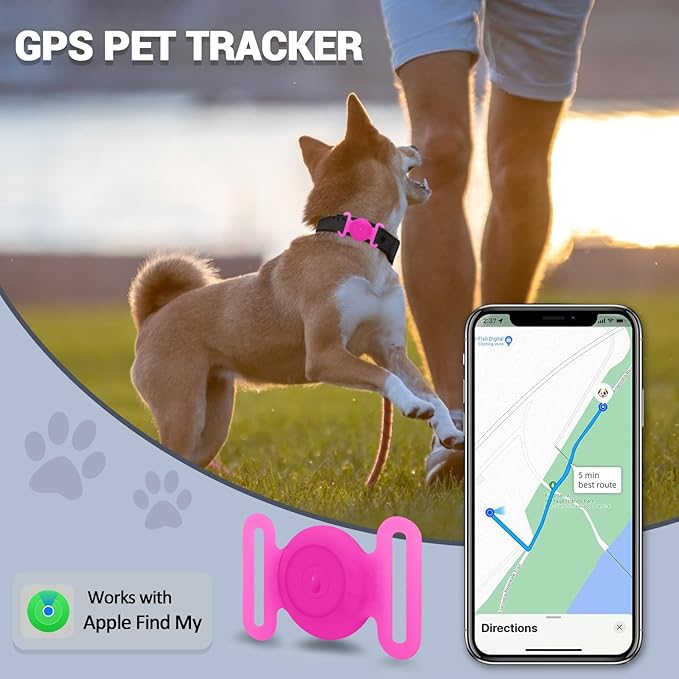 GPS Tracker for Dogs, Mini GPS Pet Tracker with Silicone Cover, IPX8 Waterproof GPS Tracker for Kids,No Monthly Fee,Work with Apple Find My(iOS Only),Dog Tracker Finder Tracker Pets-YGPink-4