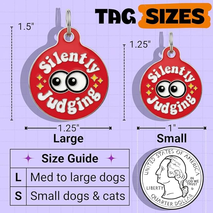 Bad Tags Personalized Dog and Cat ID Tags in 25+ Designs and 2 Sizes - 5 Lines of Custom Engraved Text - Funny Cute Personalized Pet Tags (Silently Judging - Red, Small (1 inch))