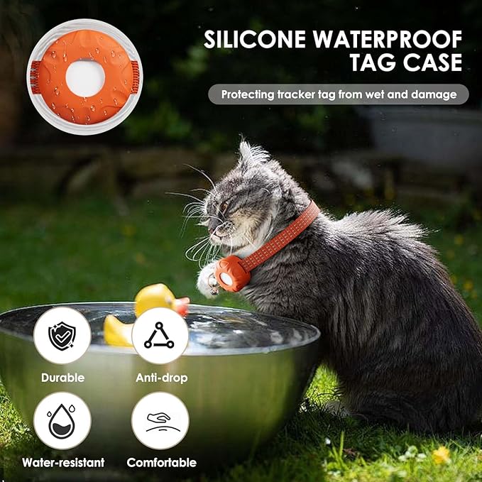 Cat Tracker, GPS Tracker Compatible with Apple Find My App(Only iOS), Waterproof Cat Tracker Collar with Bell and Safety Elastic Buckle, No Monthly Fee, Works with Any Collar (Orange)