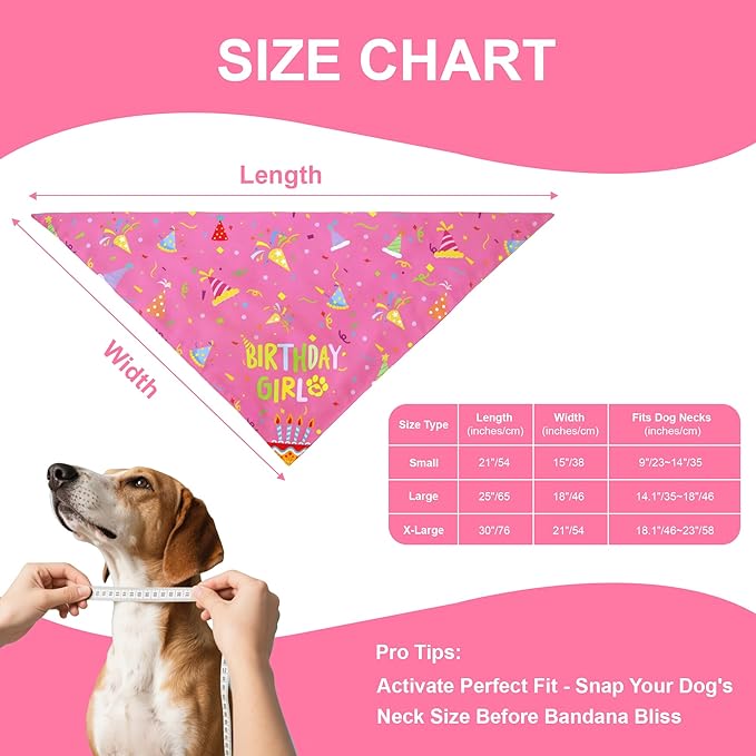 Dog Birthday Bandana Girl for Small Dogs, Reversible 2 Patterns in 1, Pink Confetti Scarf, Happy Birthday Party Outfit Puppy Gift (9-14" Neck)