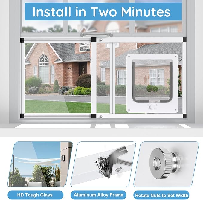 Sliding Cat Door for Window, Fits 37"-45" Width Window, 2-Min Install | Aluminum Frame + HD Glass | Weatherproof Design | Magnetic Closure Window Cat Door Insert, Adjustable Pet Door Window for Cats