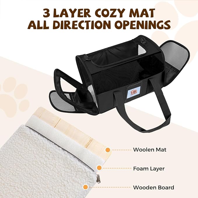 Cat Carrier Soft for Pets Up to 15 Lbs, Cat Travel Bag with Padded Shoulder Strap and Detachable Cat Food Bowl, Pet Dog Carriers for Small Dogs Travel Puppy Carry Airline Approved, Black