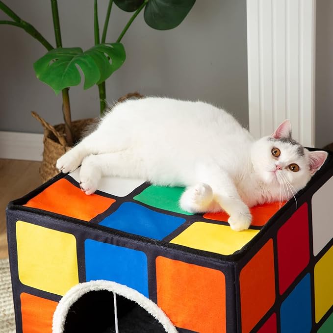 LUCKITTY Cat Condo House with Reversible Cushions and Fluffy Ball Hanging, Foldable Magic Cube, Large Cave Bed for Indoor Cats, Unique Puzzle Shape Lagre 16.5“ x 16.5" x 16.5”