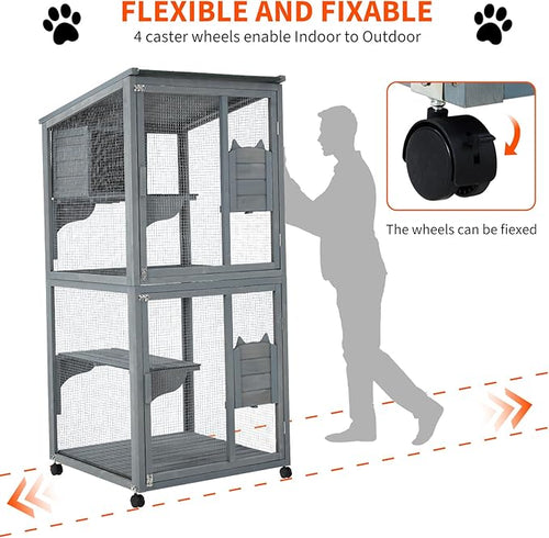 69-Inch Catio, Wooden Cat Enclosure, 4-Tier Cat House w/Waterproof Roof, Removable Tray, Nesting Box and Lockable Caster, Indoor and Outdoor Use, Easy to Clean, Multiple Accesses, Grey