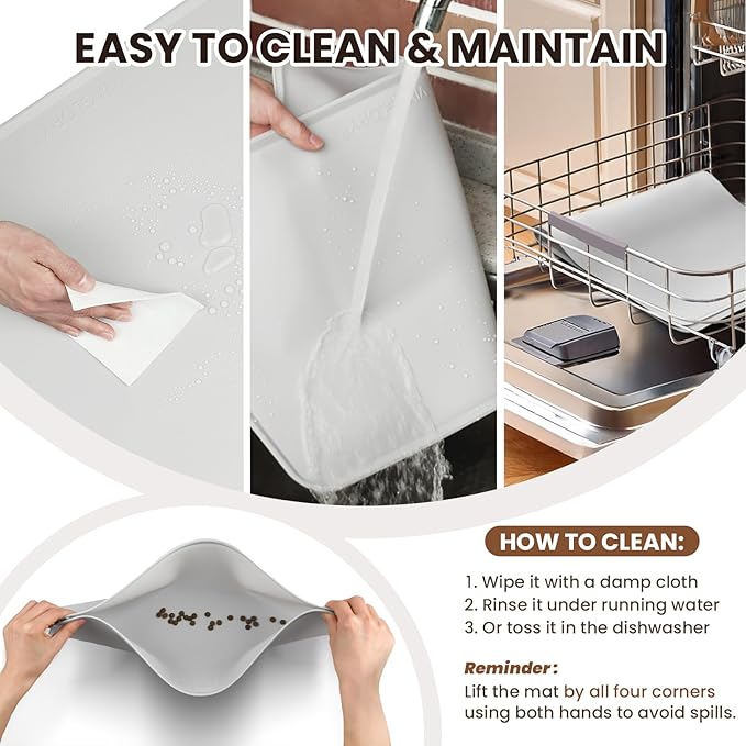 VIVAGLORY Dog Food Mat Flexmat Dog Bowl Mat, Placemat Food Tray with Raised Edges & Lip for Indoor Floor, Non Slip Waterproof Silicone Dish Placemat for Cat & Pet, S, Ivory
