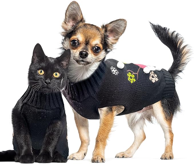 Christmas Dog Sweaters Xmas Pet Outfit Clothes Cute Black Snowman Costume Puppy Cat Knitted Jumpers (L,Black Snowman)