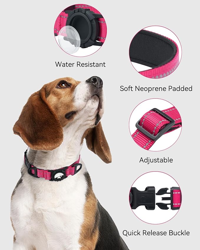 Joytale Airtag Dog Collar, Reflective Pet Collar with Waterproof AirTag Holder, Dual D-Rings, Soft Padded Adjustable for Extra Large Dogs, Hotpink, XL