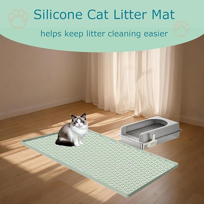 Cat Litter Mat for Litter Box, Silicone Large Cat Litter Trapping Mat - 51.2x25.6 in, Waterproof & Non-Slip, Durable & Easy Clean, Green