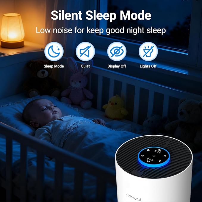 Air Purifiers for Bedroom Home, Cobectal Air Cleaner with H14 True HEPA 3-in-1 Filter for Room up to 1050 ft², Sleep Mode & Aroma Function, Portable Air Purifiers for Office, Dorm, RVs, White
