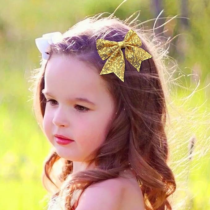3-inch Sequined Bow Hair Clips For Baby Girls, Toddler, Kids and Young Women Birthday Party Wedding Christmas Occasions Pet Accessories Set of 2 (Rainbow Pink)