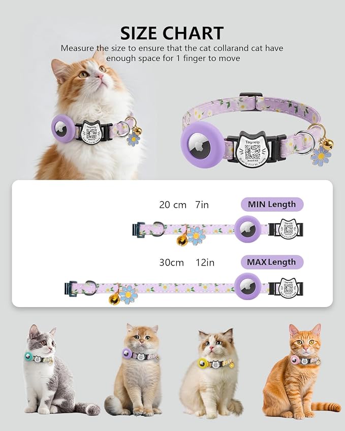 Cute Floral Breakaway Cat Collar with QR Code ID, Lightweight Cotton Safety Collar with Bell & AirTag Holder for Kittens and Cats,Pastoral Style with airtag Holder(Green)
