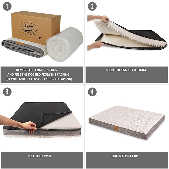 Patas Lague Orthopedic Jumbo Dog Bed for Large Sized Dog 56''X40'', Soft Waterproof Egg Crate Foam Large Pet Crate Beds Mat with Removable Washable Cover and Non-Slip Bottom, Light Grey