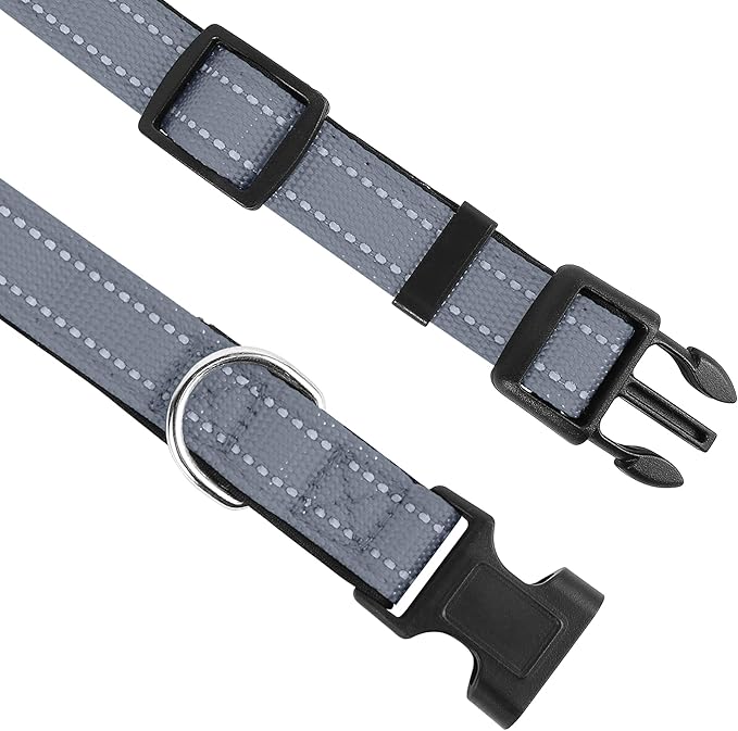 Reflective Dog Collar, Adjustable Soft Neoprene Padded Nylon Pet Collars with Buckle for Puppy and Small Dogs, Cats, Gray,XS
