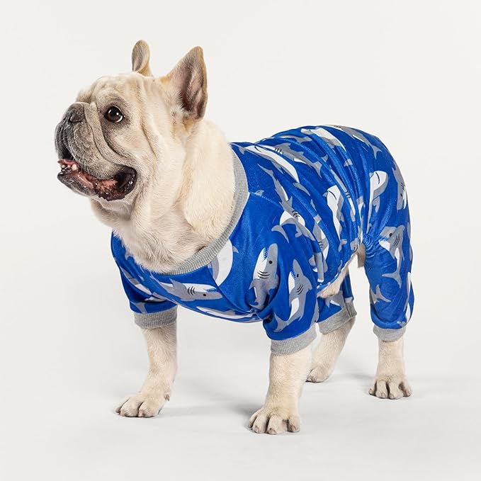 Fitwarm Shark Dog Pajamas, Dog Clothes for Small Dogs Girl Boy, Pet Onesie with Feet, Cat Outfit, Lightweight Velvet, Royal Blue, XXL