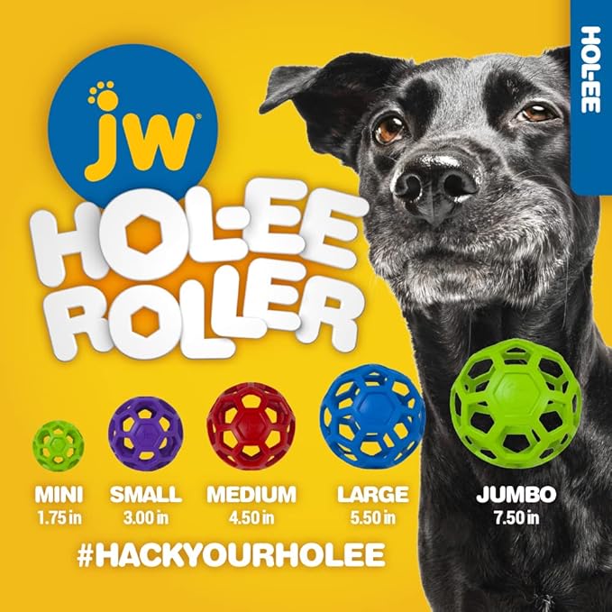 JW Pet Hol-ee Roller Dog Toy Puzzle Ball, Natural Rubber, Medium (4.5 Inch Diameter), Colors May Vary