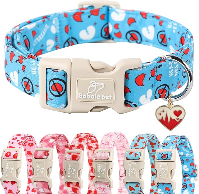 Valentines Dog Collar, Blue Heart Dog Collar, Cute Loving Heart Printed Collar with Quick Release Plastic Buckle for Boys&Girls Dogs, Large
