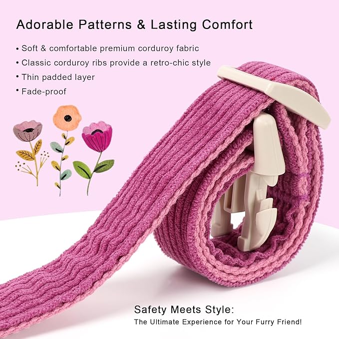 Cute Corduroy Dog Collar - Fuchsia Adjustable Dog Collars for Large Dogs 50-80lbs, Fade-Proof with Secure Snap & Little Charm, Christmas Birthday Gift, L
