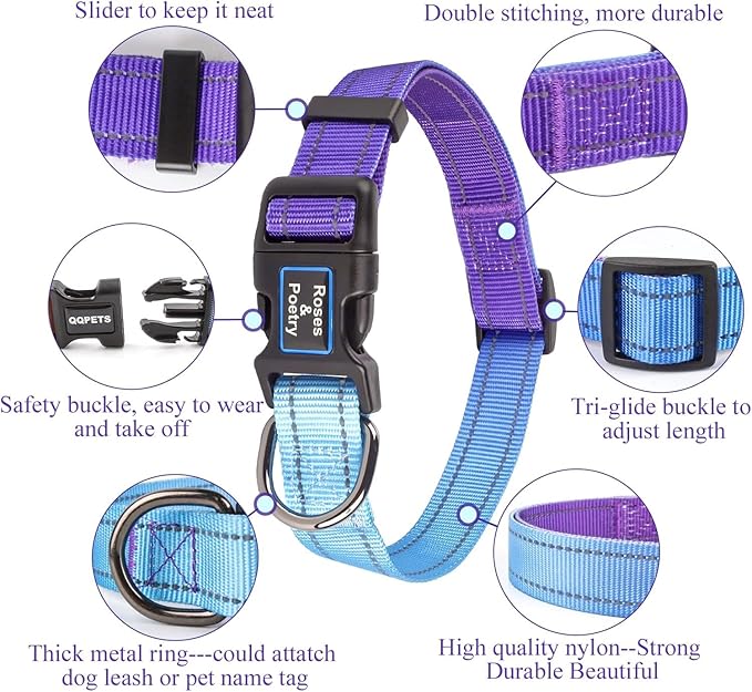 Roses&Poetry Reflective Dog Collar with Gradient Violet, Adjustable Durable Pet Collars for Small Medium Large Dogs (Violet-S)