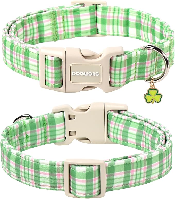 DOGWONG Pink Plaid Adjustable Pet Collar Comfortable Spring Summer Puppy Collar Cute Cotton Collars Durable Necklace Gift for Medium Large Dogs,L